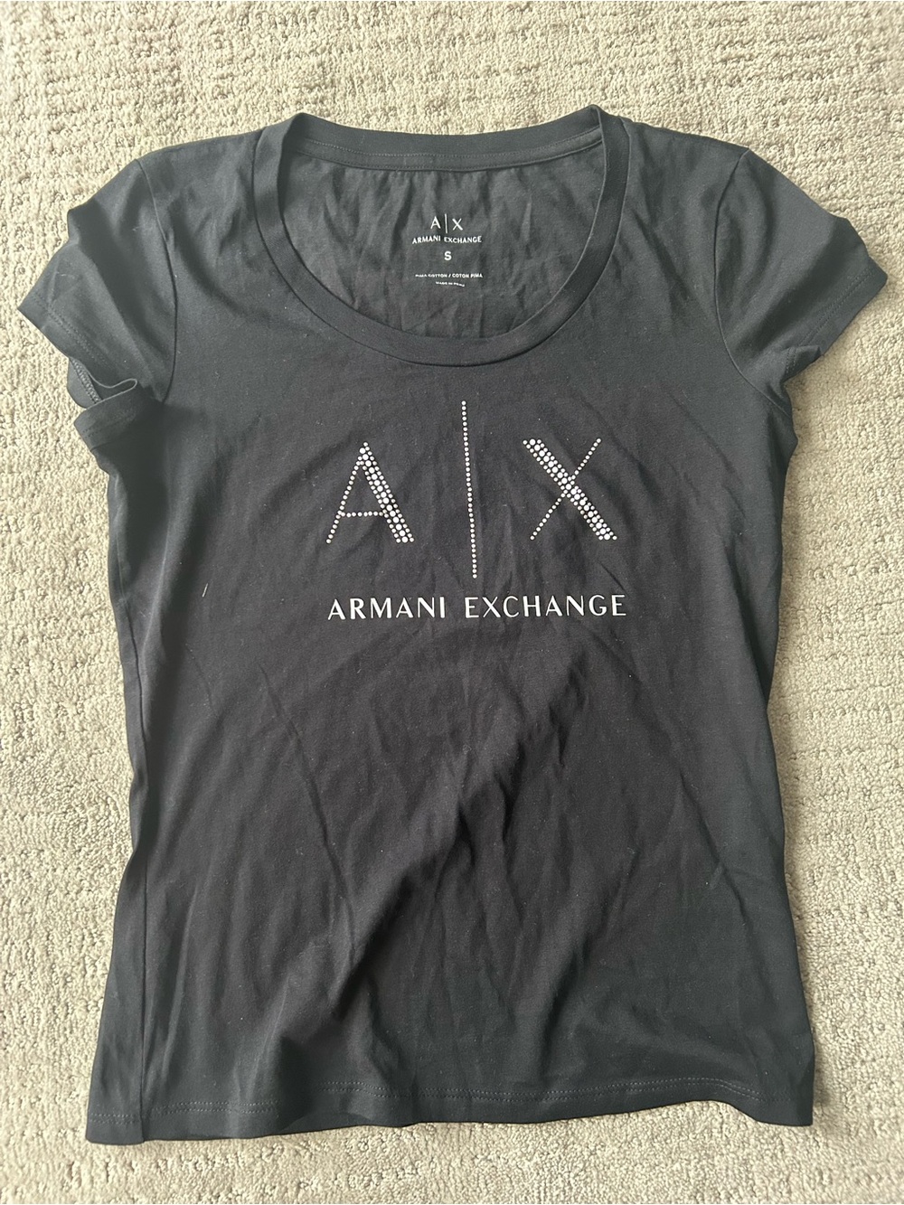 Armani Exchange Black Short-Sleeve Tee with Crystal A|X Logo